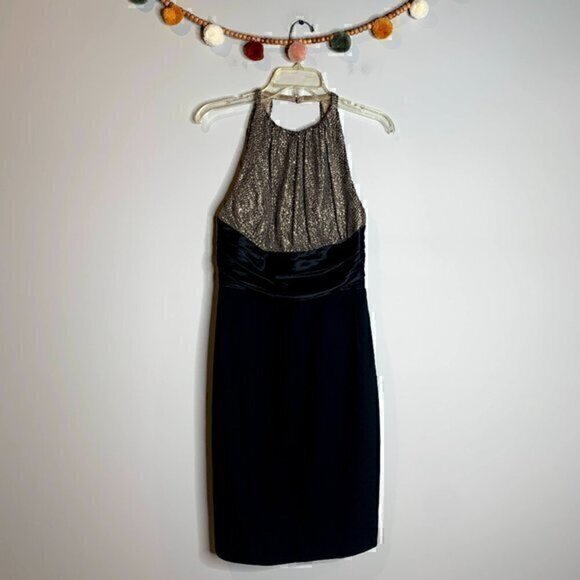 NWT Carmen Marc Valvo bronze sequin high neck open back dress - Picture 1 of 7